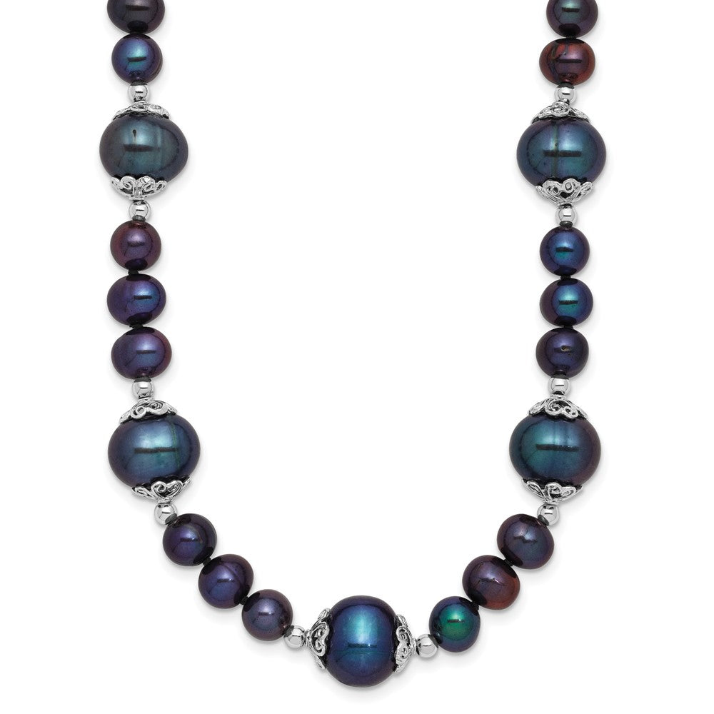 Sterling Silver Rhodium Plated 6-9mm Black Fwc Pearl 5-station Necklace