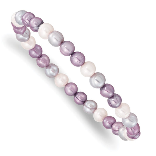 Fashion 6-7mm White/Lavendar/Grey Semi-Round Fwc Pearl Stretch Bracelet