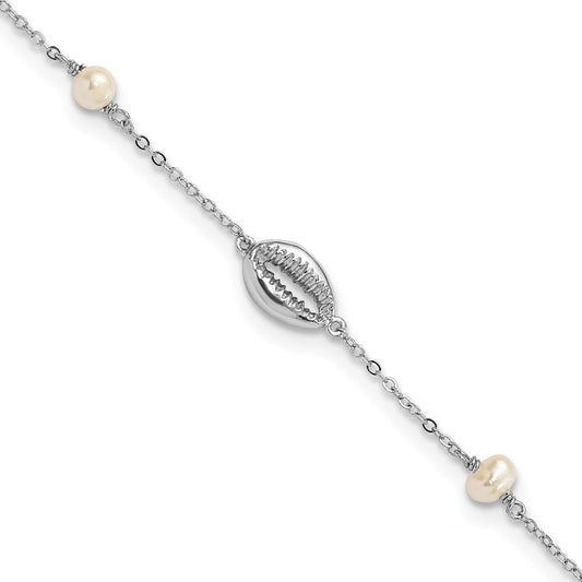 7.5 Inch Sterling Silver Rhodium-Plated Cowrie Shell & Semi-Round Fwc Pearl Bracelet