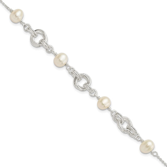 7.25 Inch Sterling Silver Polished Glass Pearl W/ 1 In Ext. Bracelet