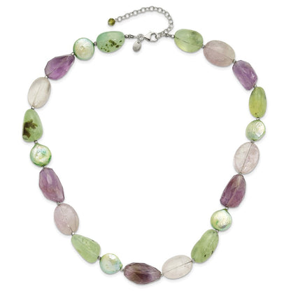 Sterling Silver Amethyst, Green Pearl and Prehnite 2in Ext Necklace