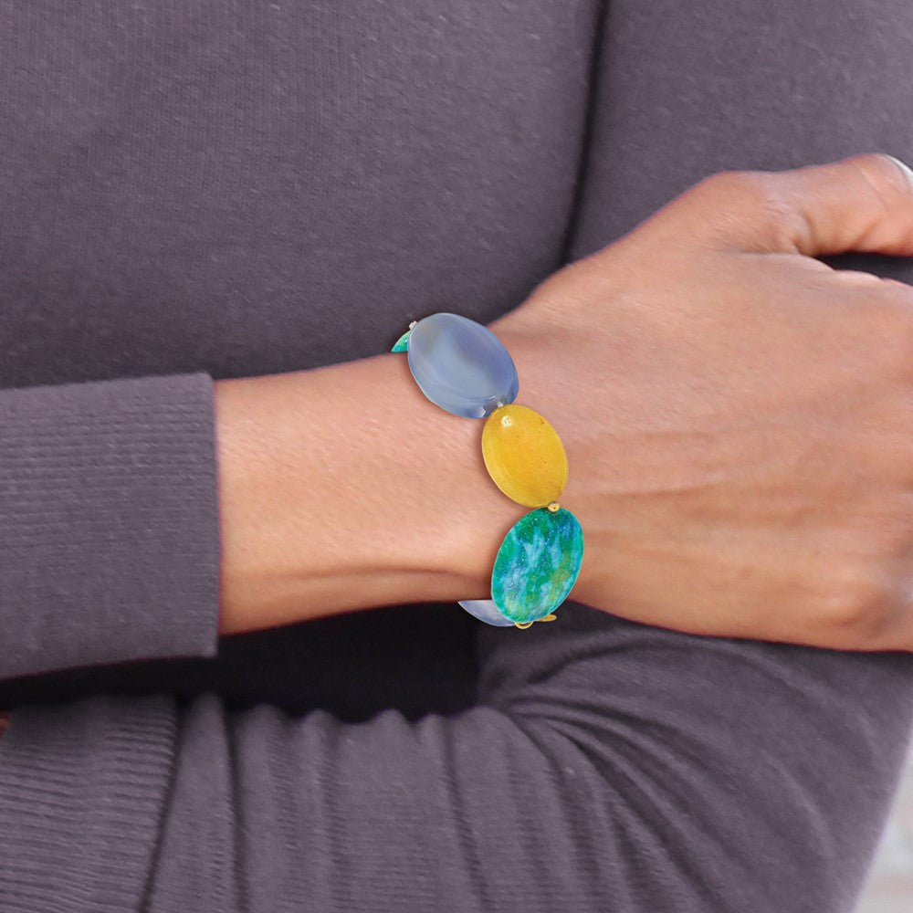 Sterling Silver Gold-Plated Agate/jade/recon Serpentine Bracelet
