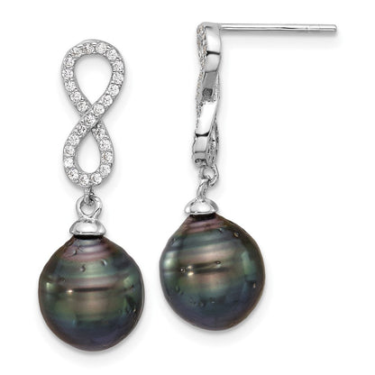 Sterling Silver Rhodium Plated Tahitian Pearl/cz Infinity Necklace/earring Set