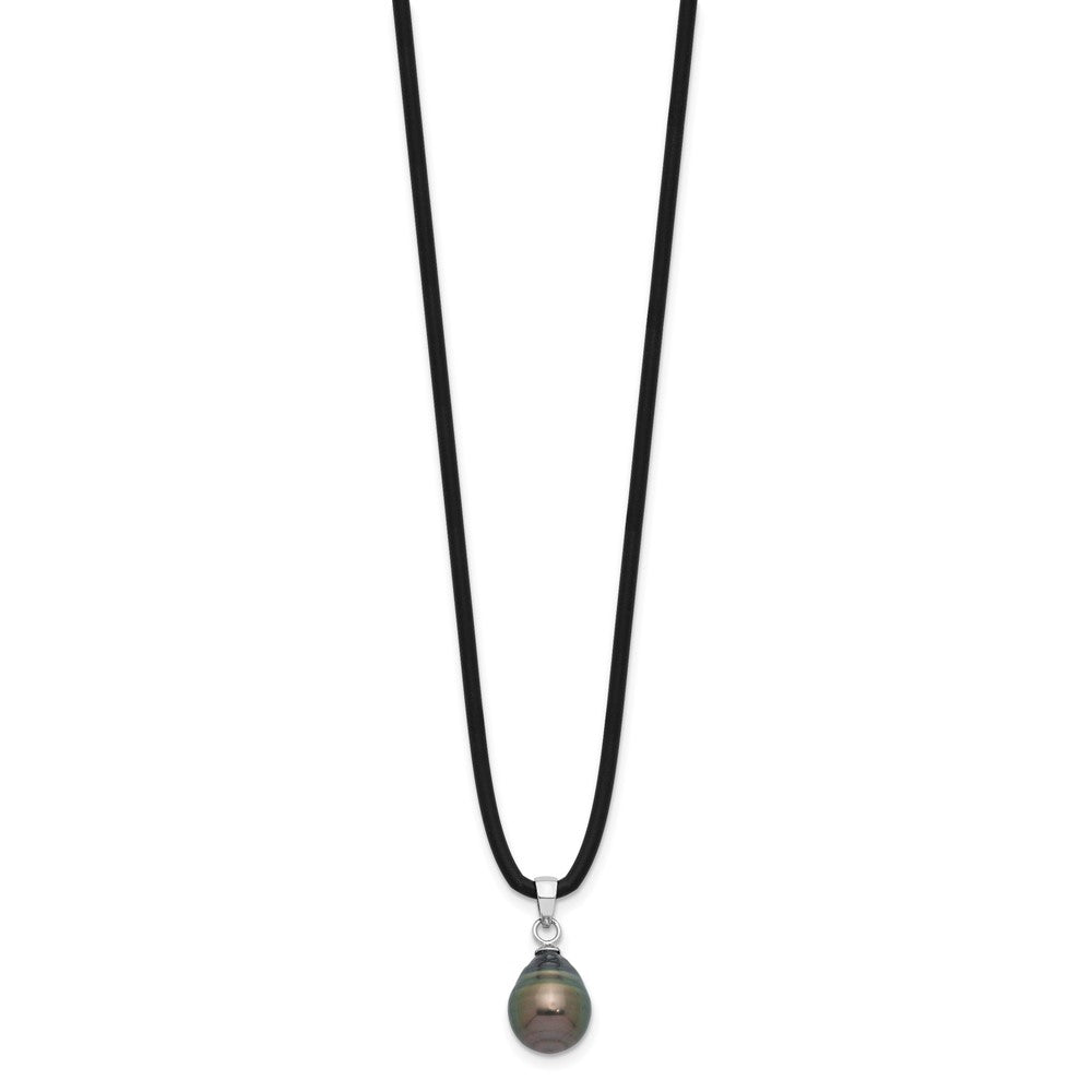 Sterling Silver Rhodium Plated Tahitian Pearl 18in Black Silicone Necklace
