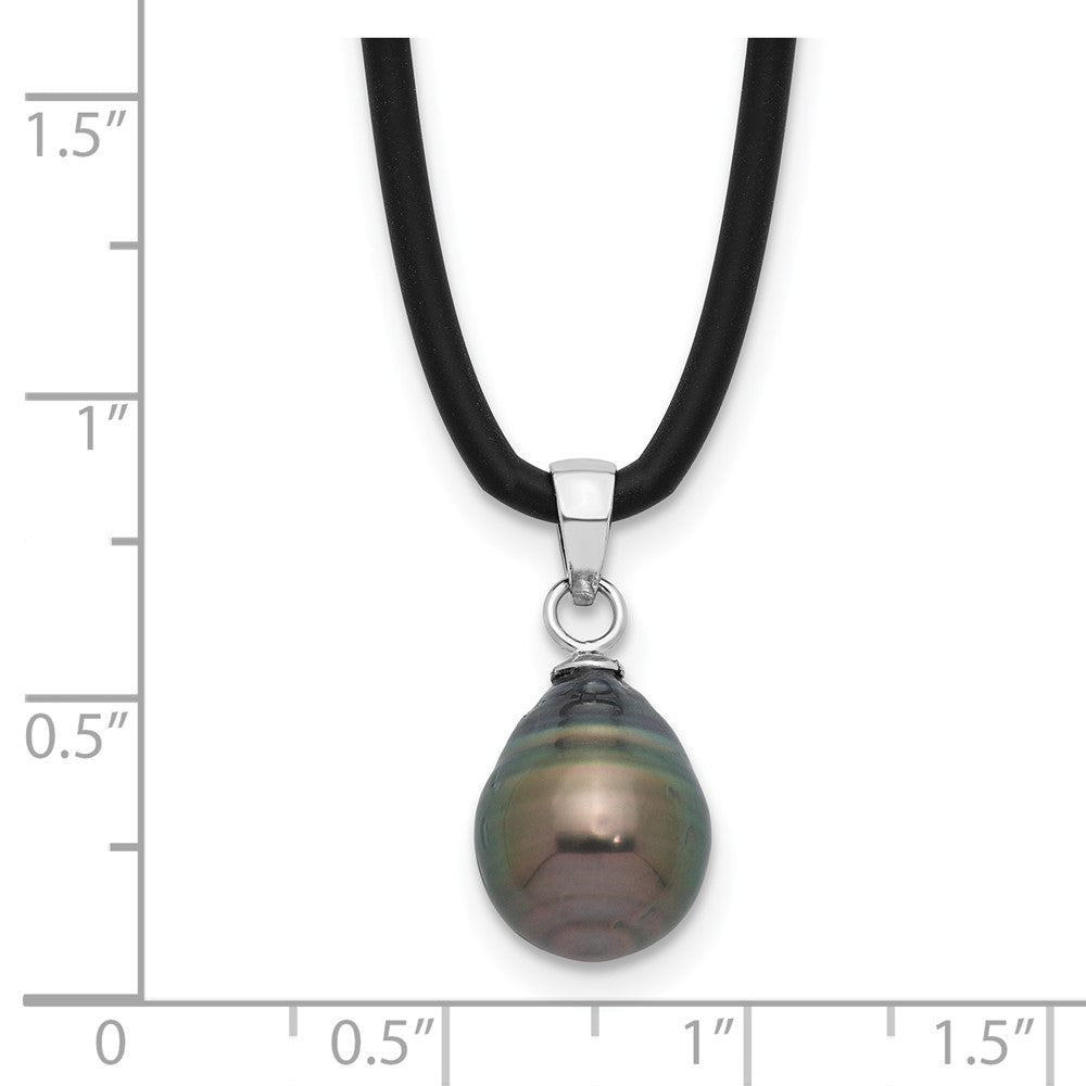 Sterling Silver Rhodium Plated Tahitian Pearl 18in Black Silicone Necklace