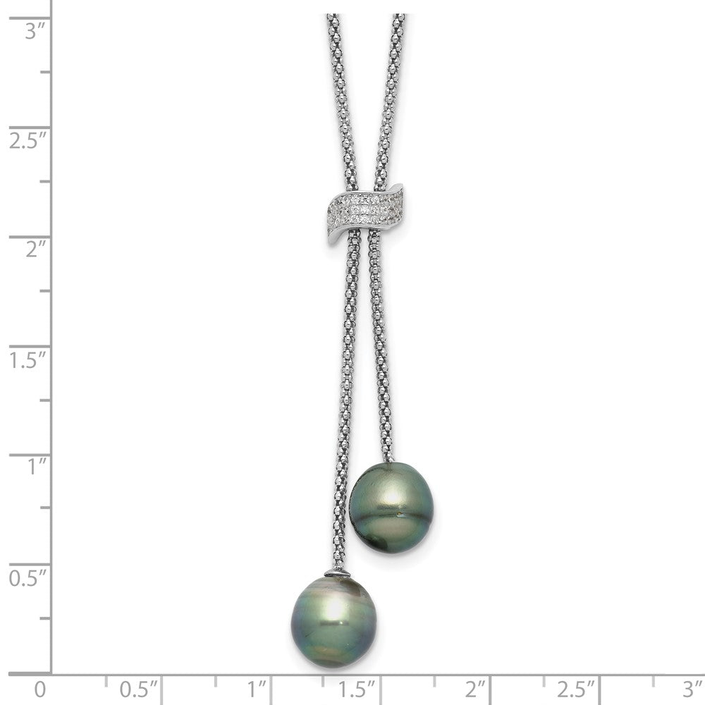 Sterling Silver Rhodium Plated Tahitian Pearl/cz Dangle w/2in Ext Necklace