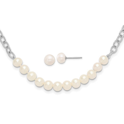 Sterling Silver Rhodium Plated White Fwc Pearl 18in Necklace/post Earring Set