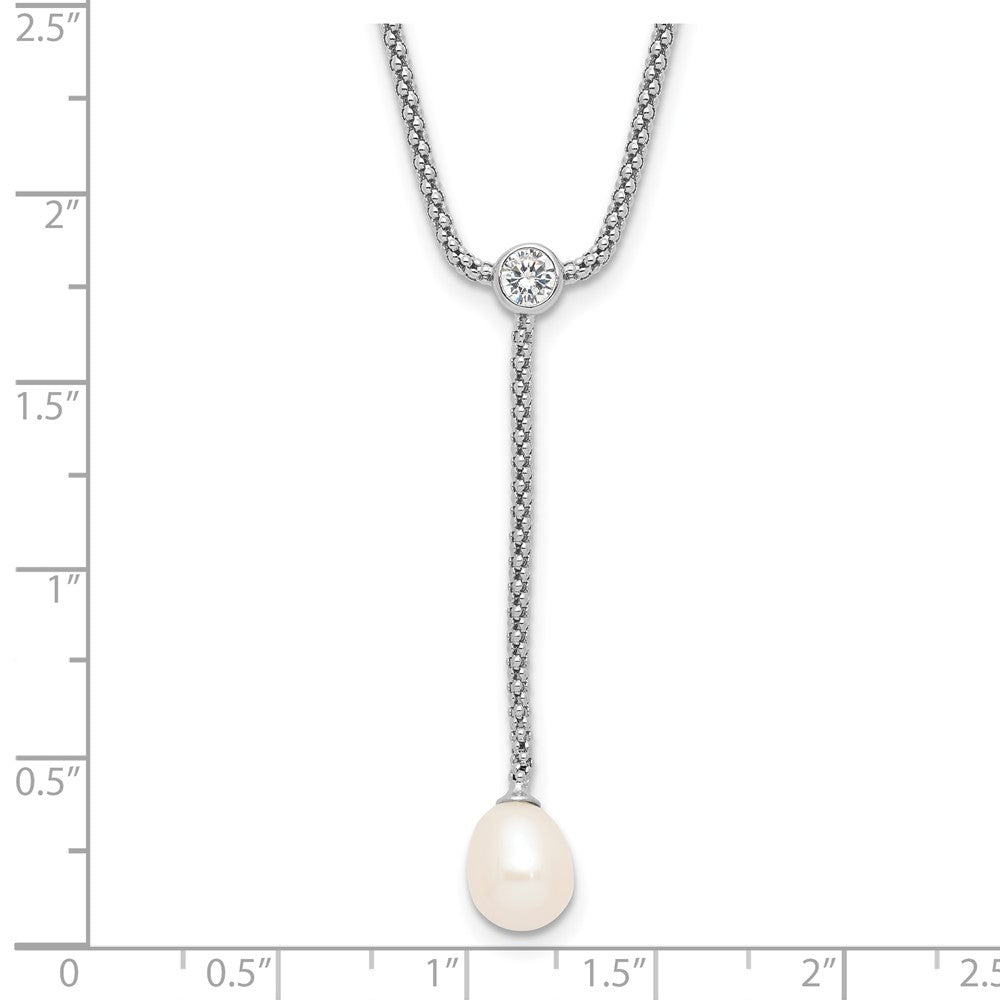Sterling Silver Rhodium Plated 8-9mm Fwc Pearl/cz Drop Dangle 18in Necklace