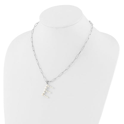 Sterling Silver Rhodium Plated 3-5.5mm Fwc Pearl Letter E 18in Necklace