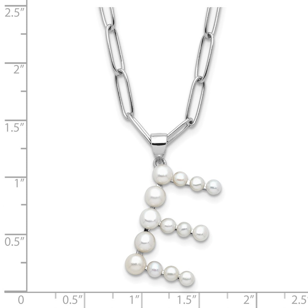 Sterling Silver Rhodium Plated 3-5.5mm Fwc Pearl Letter E 18in Necklace