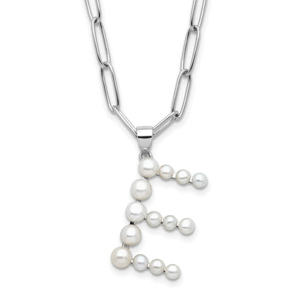 Sterling Silver Rhodium Plated 3-5.5mm Fwc Pearl Letter E 18in Necklace