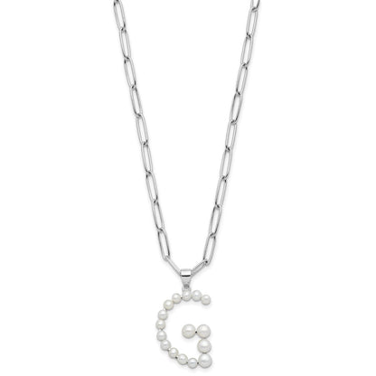 Sterling Silver Rhodium Plated 3-5.5mm Fwc Pearl Letter G 18in Necklace