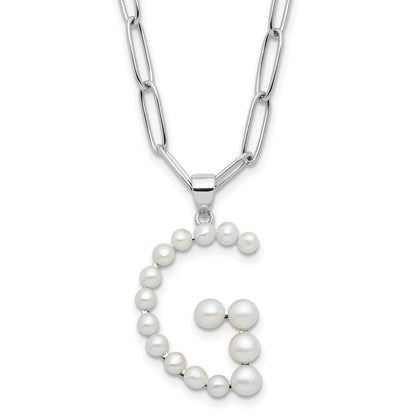 Sterling Silver Rhodium Plated 3-5.5mm Fwc Pearl Letter G 18in Necklace