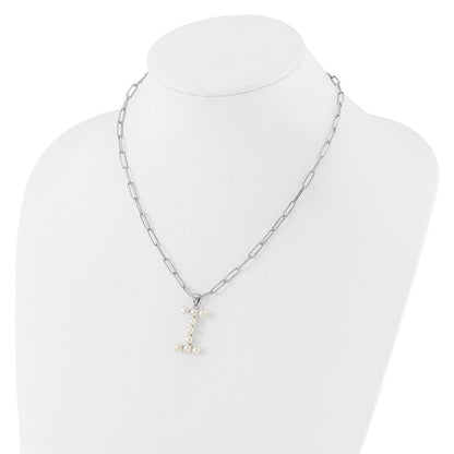 Sterling Silver Rhodium Plated 3-5.5mm Fwc Pearl Letter I 18in Necklace