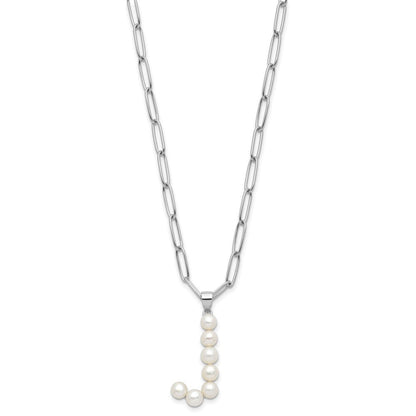 Sterling Silver Rhodium Plated 3-5.5mm Fwc Pearl Letter J 18in Necklace