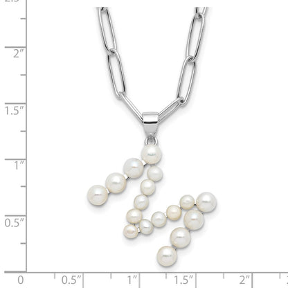 Sterling Silver Rhodium Plated 3-5.5mm Fwc Pearl Letter M 18in Necklace