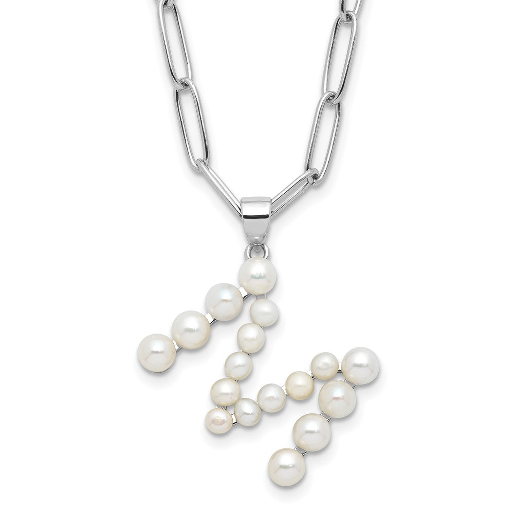 Sterling Silver Rhodium Plated 3-5.5mm Fwc Pearl Letter M 18in Necklace