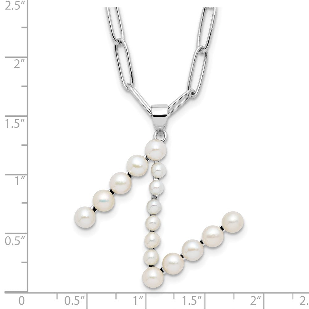 Sterling Silver Rhodium Plated 3-5.5mm Fwc Pearl Letter N 18in Necklace
