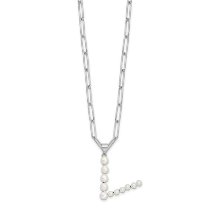 Sterling Silver Rhodium Plated 3-5.5mm Fwc Pearl Letter V 18in Necklace