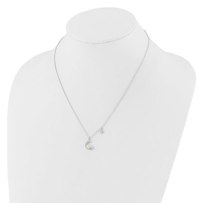 Sterling Silver Rhodium Plated CZ and Fwc Pearl Moon and Star 18in Necklace
