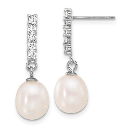 Sterling Silver Rhodium Plated Fwc Pearl/cz 17in Necklace and Post Earrings Set
