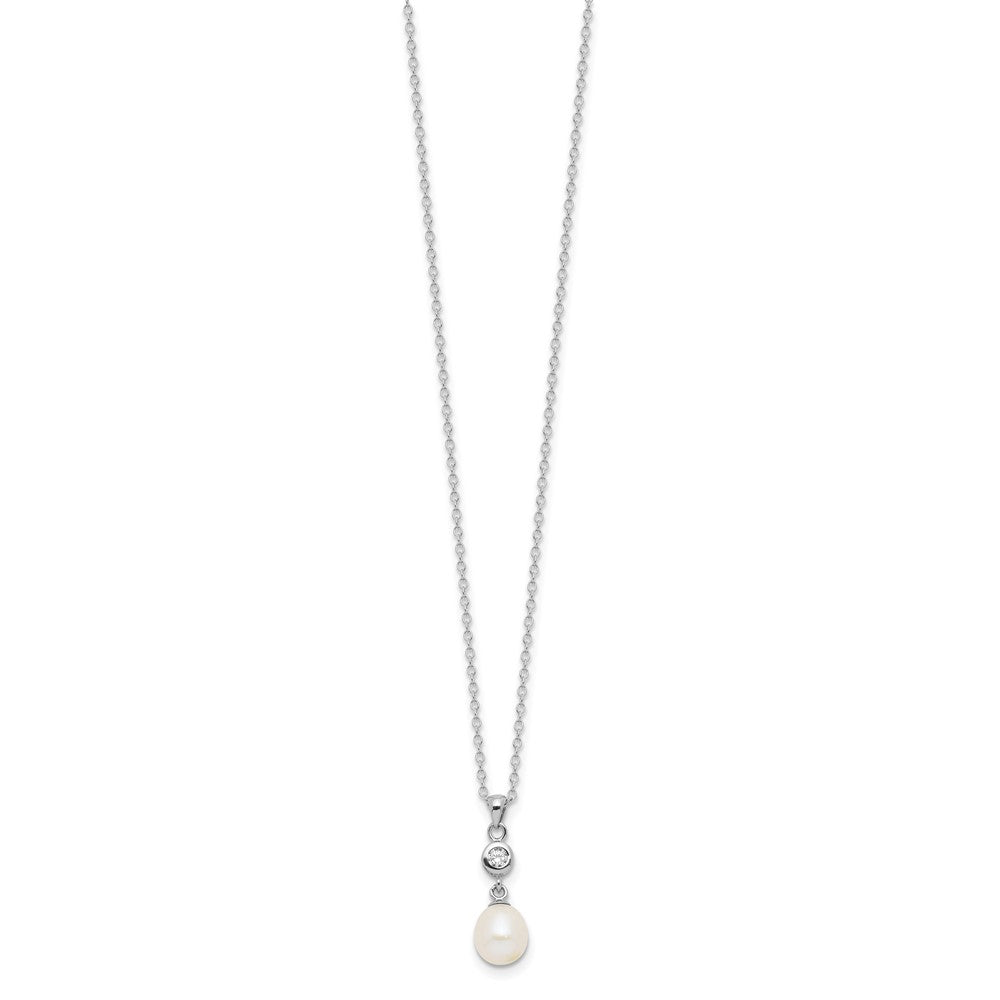 Sterling Silver Rhodium Plated 7-8mm Fwc Pearl/cz 17in Necklace/earrings Set