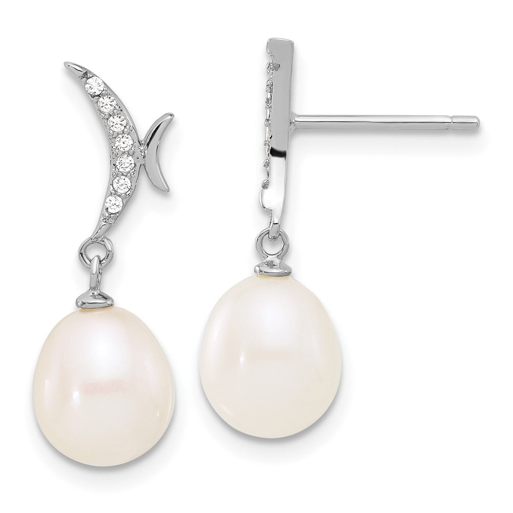 Sterling Silver Rhodium Plated 7-9mm Fwc Pearl/cz Necklace/post Earrings Set
