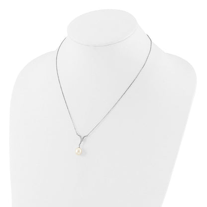Sterling Silver Rhodium Plated 7-9mm Fwc Pearl/cz Necklace/post Earrings Set