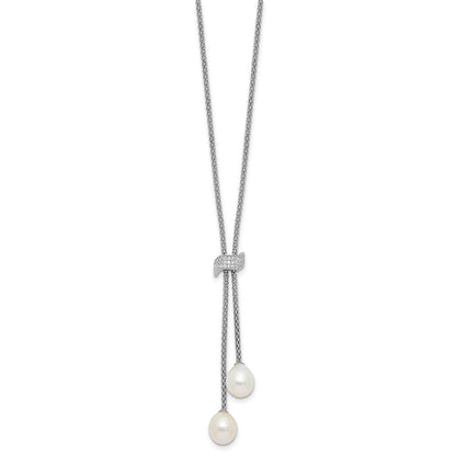 Sterling Silver Rhodium Plated Fwc Pearl/cz w/2in Ext Necklace/earrings Set