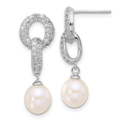 Sterling Silver Rhodium Plated 7-9mm Fwc Pearl/cz Necklace/post Earrings Set