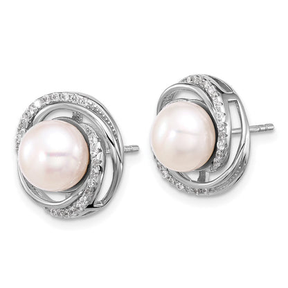 Sterling Silver Rhodium Plated 8-10mm Fwc Pearl/cz Necklace/post Earrings Set