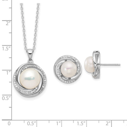 Sterling Silver Rhodium Plated 8-10mm Fwc Pearl/cz Necklace/post Earrings Set