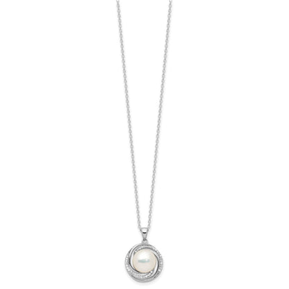 Sterling Silver Rhodium Plated 8-10mm Fwc Pearl/cz Necklace/post Earrings Set