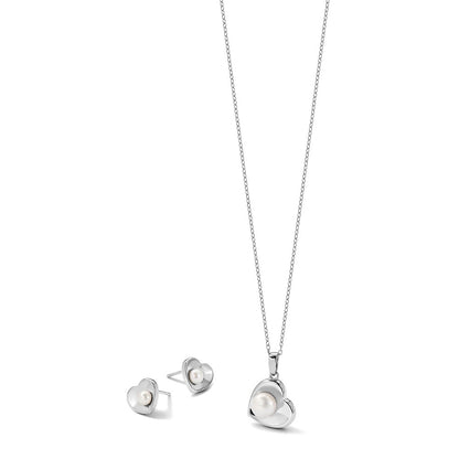 Sterling Silver Rhodium Plated 4-7mm Fwc Pearl 17.5in Heart Neck/earring Set