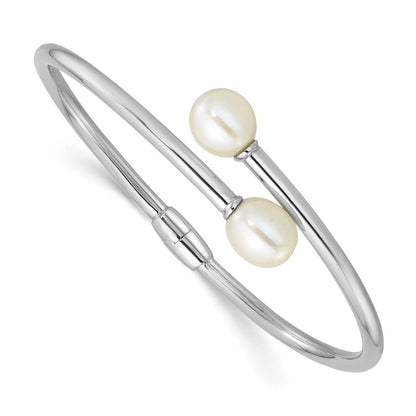 Sterling Silver Rhodium Plated 7-9mm Teardrop Fwc Pearl Hinged Bangle