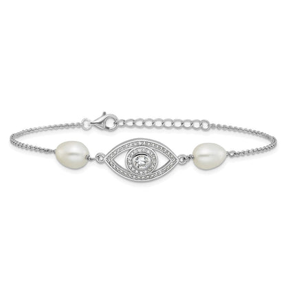 Sterling Silver Rh 6-8mm Teardrop Fwc/cz Evil Eye W/ 1in Ext. Bracelet