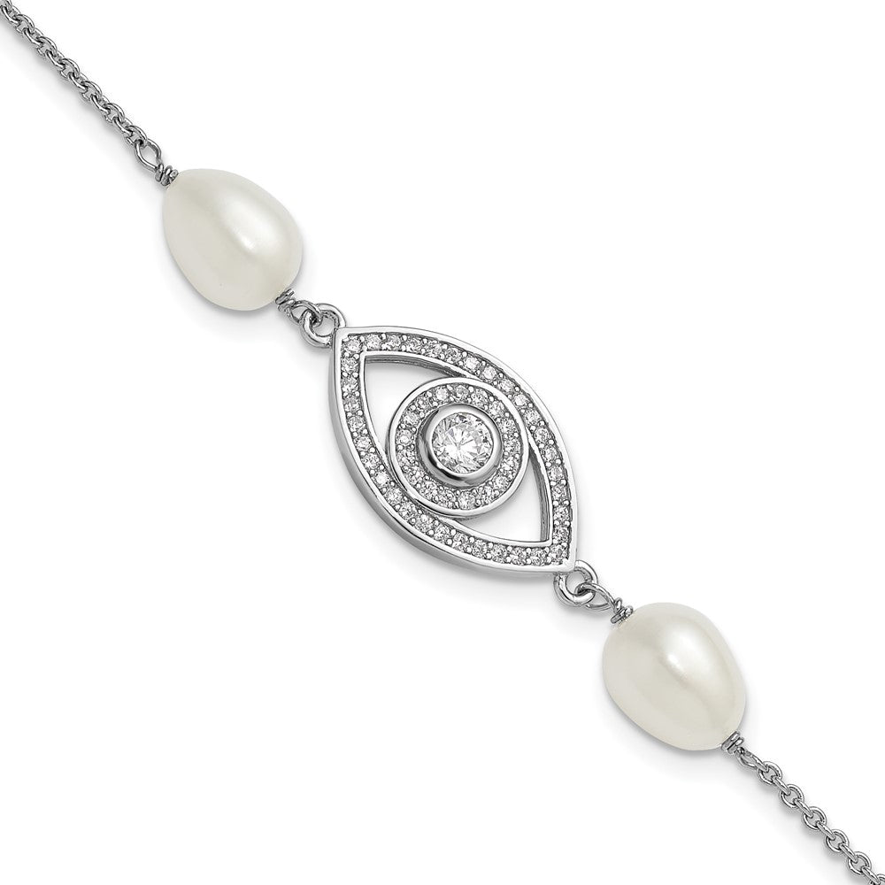 Sterling Silver Rh 6-8mm Teardrop Fwc/cz Evil Eye W/ 1in Ext. Bracelet