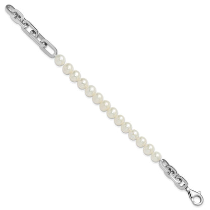 Sterling Silver Rhodium Plated 7-8mm Rnd Wht Fwc Pearl Link 8in Bracelet