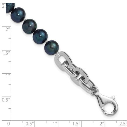 Sterling Silver Rhodium Plated 7-8mm Rnd Blk Fwc Pearl Link 8in Bracelet