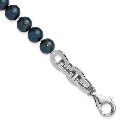 Sterling Silver Rhodium Plated 7-8mm Rnd Blk Fwc Pearl Link 8in Bracelet