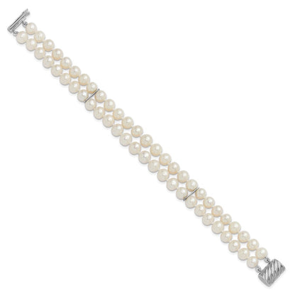 Sterling Silver 6-7mm Round White Fwc Pearl 2-Strand 7in Bracelet