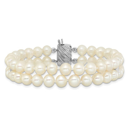 Sterling Silver 6-7mm Round White Fwc Pearl 2-Strand 7in Bracelet