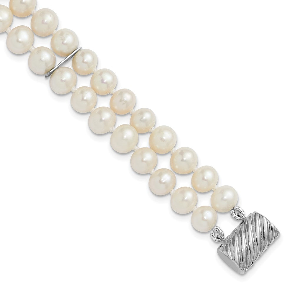 Sterling Silver 6-7mm Round White Fwc Pearl 2-Strand 7in Bracelet