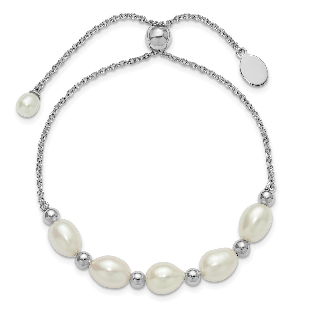 Sterling Silver Rhodium Plated Polished and Beaded 7x8mmFWC Pearl Adjustable Bolo Bracelet