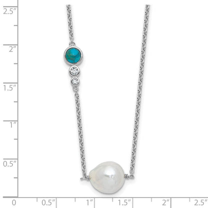 Sterling Silver Rhodium Plated CZ Com. Turquoise Fwc Pearl W 2in Ext Necklace