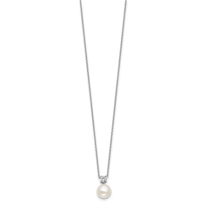 Sterling Silver Rhodium Plated Fwc Pearl and CZ 17in Necklace/earring Set