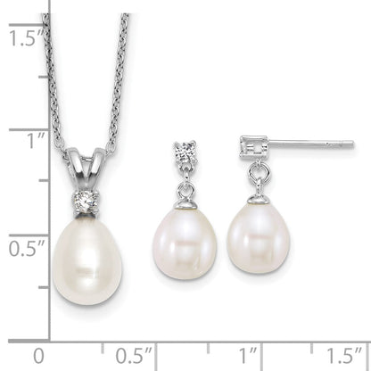 Sterling Silver Rhodium Plated Fwc Pearl and CZ 17in Necklace/earring Set