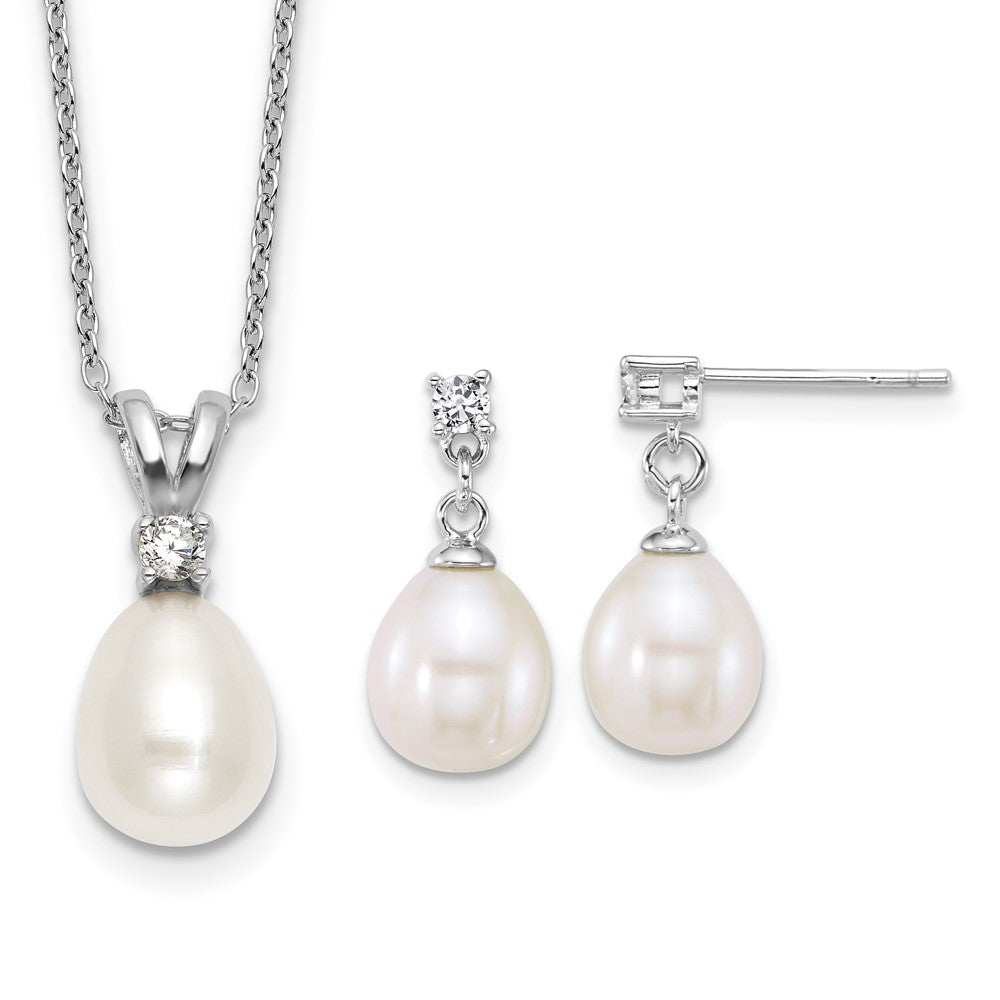 Sterling Silver Rhodium Plated Fwc Pearl and CZ 17in Necklace/earring Set