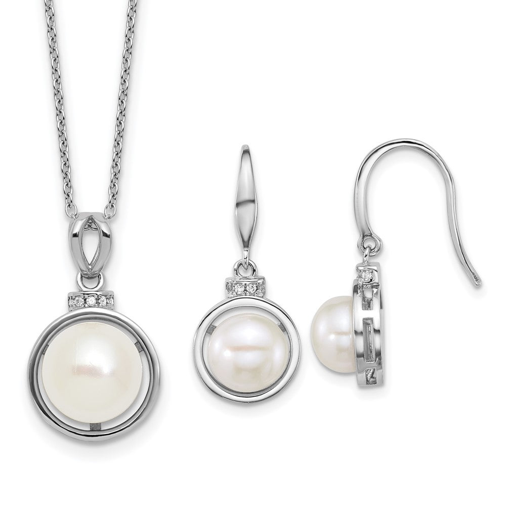 Sterling Silver Rhodium Plated Fwc Pearl and CZ 17in Necklace/earring Set