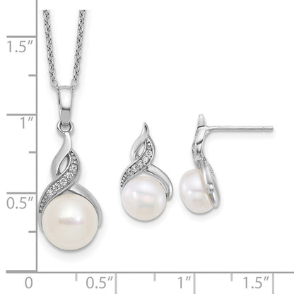 Sterling Silver Rhodium Plated Fwc Pearl and CZ 17in Necklace/earring Set